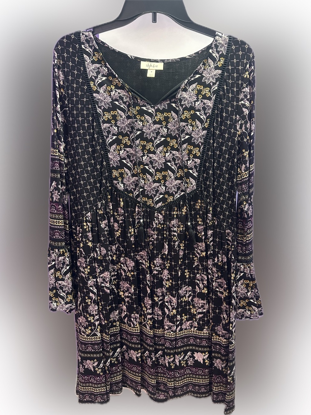 Style & Co. Black Floral V-Neck Long Sleeve Midi Dress. Bell sleeves